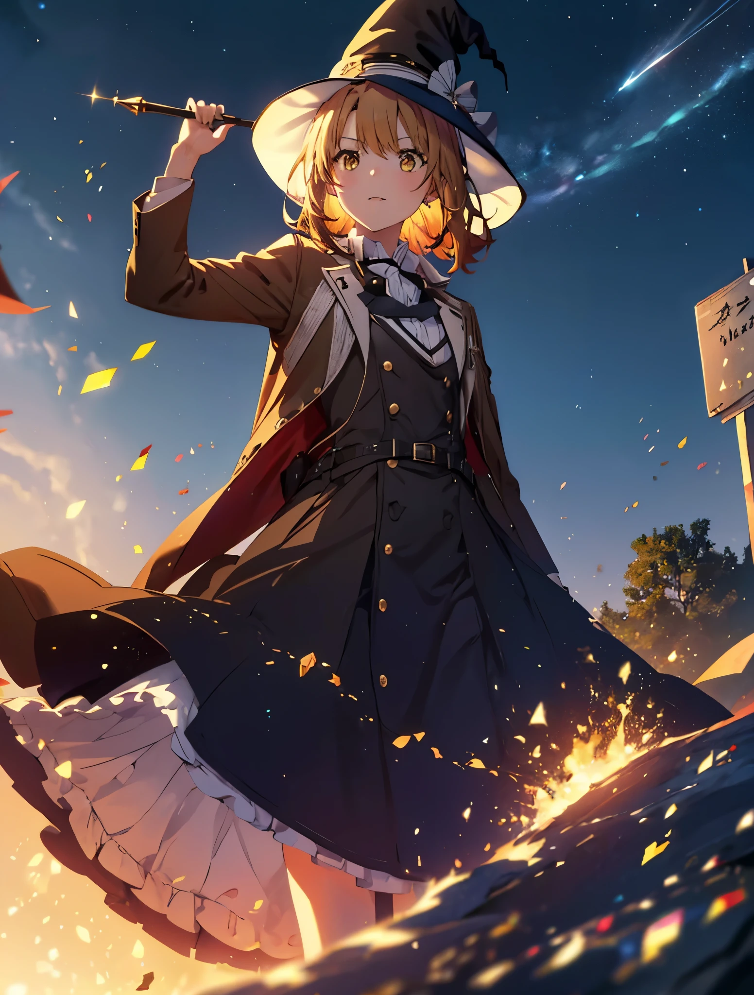 Irohaisshiki, isshiki iroha, Short Hair, Brown Hair, (Brown eyes:1.5), smile,((Night Sky)),((Big full moon)),((Sparkling and colorful stars)),Fluffy hair,((Idol style costume with soft volume)),Long skirt,Pointed shoes,((gorgeous wizard hat)),((witch)),(magic wand with a jewel on the tip),So that the whole body goes into the illustration,
break outdoors, forest,forest
break looking at viewer,
break (masterpiece:1.2), Highest quality, High resolution, unity 8k wallpaper, (shape:0.8), (Narrow and beautiful eyes:1.6), Highly detailed face, Perfect lighting, Highly detailed CG, (Perfect hands, Perfect Anatomy),