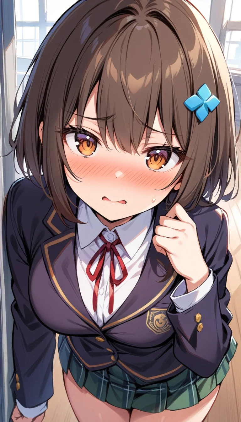 (Masterpiece, Best Quality:1.2), 1 girl, Alone,standing_to divide, Mikan Yuuki, Brown eyes, Brown hair, short hair, embarrassed face , hair ornament,wide, School, underwear