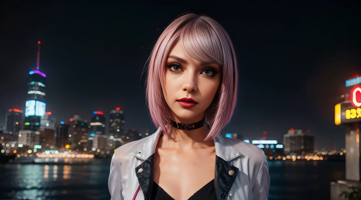 lucy \(cyberpunk\), 1girl, hair scrunchie, hime cut, silver hair, colored tips, full moon, grey eyes, jacket, long sleeves, looking at viewer, medium hair, multicolored hair, parted bangs, parted lips, pink hair, portrait, red eyeliner, red lips, solo, white jacket, cyberpunk \(series\), rainy night in a cyberpunk city with glowing neon lights