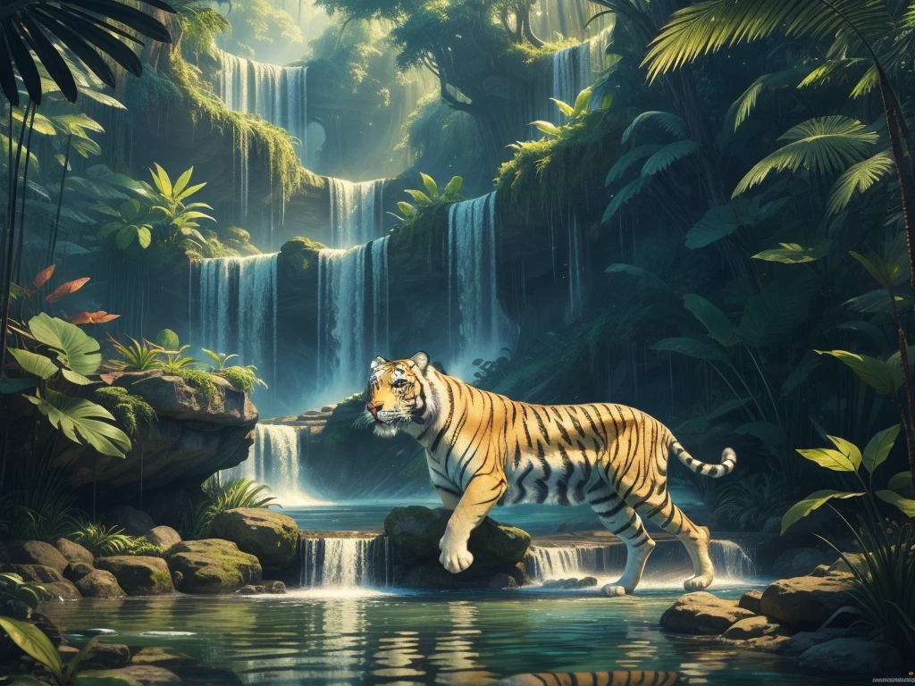 A photorealistic scene featuring a majestic white tiger with glowing golden stripes, prowling through a mystical jungle environment. The tiger, with detailed fur and piercing eyes, moves gracefully through the water, creating splashes and ripples. The glowing golden stripes emit a soft light, adding a magical aura to the scene. The background features cascading waterfalls and lush, vibrant vegetation, enhancing the sense of an enchanted and otherworldly setting. ((High details:1.5)), ((best quality:1.6)), ((masterpiece:1.6)). BREAK

**Character Details:**

- **Appearance:** The white tiger has realistic, detailed fur with glowing golden stripes. Its eyes are piercing and focused, exuding power and grace.
- **Movement:** The tiger prowls gracefully through the water, creating splashes and ripples that add motion and dynamism to the scene.

**Setting:**

- **Background:** A mystical jungle environment with cascading waterfalls and lush, vibrant vegetation. The setting is rich in detail and color, enhancing the sense of an enchanted world.
- **Atmosphere:** Majestic and magical, with the glowing stripes of the tiger and the lush jungle setting creating a captivating and otherworldly ambiance.

**Background Elements:**

- **Waterfalls:** Cascading waterfalls that add motion and a serene background to the scene.
- **Vegetation:** Lush, vibrant jungle vegetation that enhances the richness and detail of the setting.
- **Water:** Clear water with visible ripples and splashes from the tiger's movement, adding to the realism and dynamism of the scene.

**Artistic Inspiration:**

- **John Howe:** For detailed and epic fantasy environments.
- **Roger Dean:** For imaginative and vibrant natural scenes.
- **Alex Ross:** For photorealistic and dramatic depictions.
- **Frank Frazetta:** For powerful and dynamic animal portrayals.

**Photography Details:**

- **Lens:** Wide-angle to capture the full scale of the tiger and the expansive jungle environment.
- **Camera Angle:** Low to 