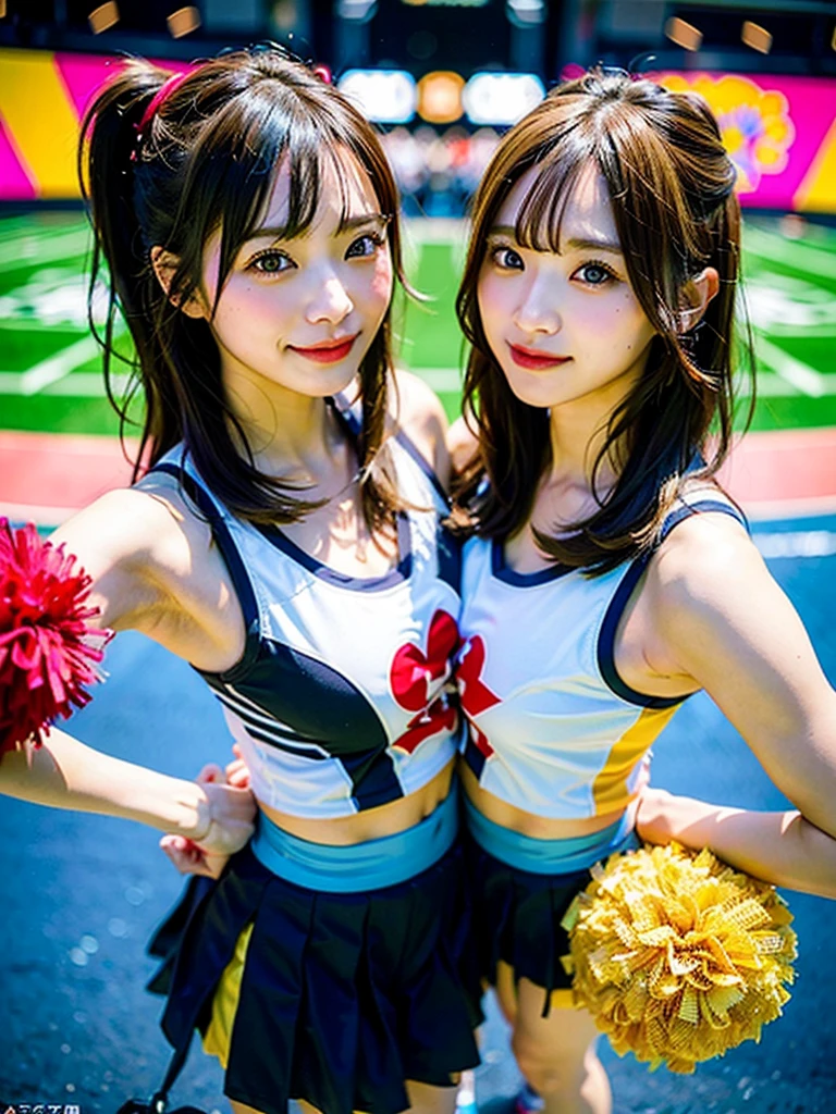 Two Ala-Fed Asian cheerleaders posing dynamically with pom-poms in stadium、One woman、a closeup、cosplay foto、Anime Cosplay、Short-cut hairstyles、(realisitic、Photorealsitic:1.37)、(in 8K、Raw photography、top-quality、​masterpiece:1.2)、cute little、Ultra-detail、Heart-shaped pupil、physically-based renderingt、Full body like、超A high resolution、Kodak Vision Color、Captured with an Arricam LT camera、bokeh dof、sharp focus、
Look at viewers,Photorealsitic,realisitic, solo, top-quality,extra detailed face,extremely detailed eye and face,absurderes,haunting smile,a smile、A slender、Small Cheer Uniform、yellow、huge tit:1.2