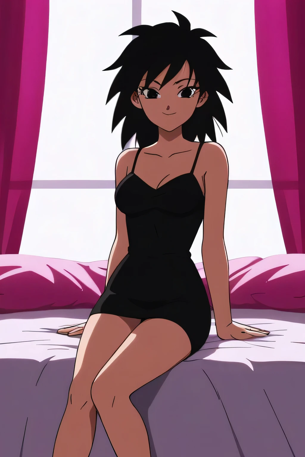 source_anime, score_9,score_8_up, score_7_up, ginedb, anime screencap, 1girl, solo, looking at viewer, smile, medium breasts, black hair, bare shoulders, medium breasts, smile, standing, cowboy shot, medium hair, black eyes, spiked hair, eyelashes, masterpiece, best quality, very aesthetic, absurdres, taut dress, spaghetti strap, black dress, sleeveless, sitting on her bed, cowboy shot, legs crossed, indoor, bedroom, sexy pose, pink curtains