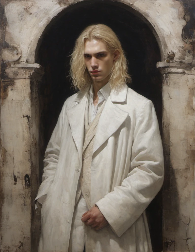 James Gurney, Surrealist art , dream-like, Mysterious, Provocative, symbolic, Complex, detailed,, (Gothic but very beautiful:1.4), (masterpiece, highest quality:1.4) , Nicola Samori Style, man with half-long blond hair, white coat
