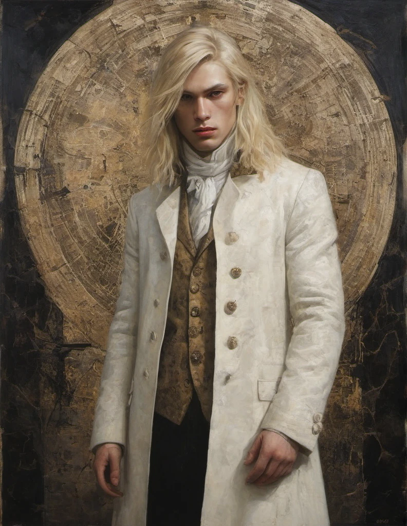 James Gurney, Surrealist art , dream-like, Mysterious, Provocative, symbolic, Complex, detailed,, (Gothic but very beautiful:1.4), (masterpiece, highest quality:1.4) , Nicola Samori Style, man with half-long blond hair, white coat