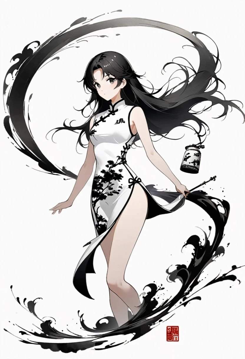 Artistic ink painting,Three-dimensional ink painting,Minimalism,Minimalist graphics,Minimal Art,Chinese anime girls,whole body,Chinese style,antiquity,Ink Painting,cheongsam,Black long hair,Black and white background,古韵White Space,White Space,大面积White Space,Texture Matte,Low saturation,Minimalist composition,Master composition