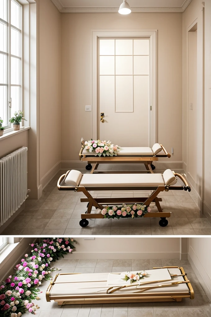 Create me an aesthetic with reception. On the right side the reception and on the left side the service stretcher, main color beige on the wall of the flower stretcher.