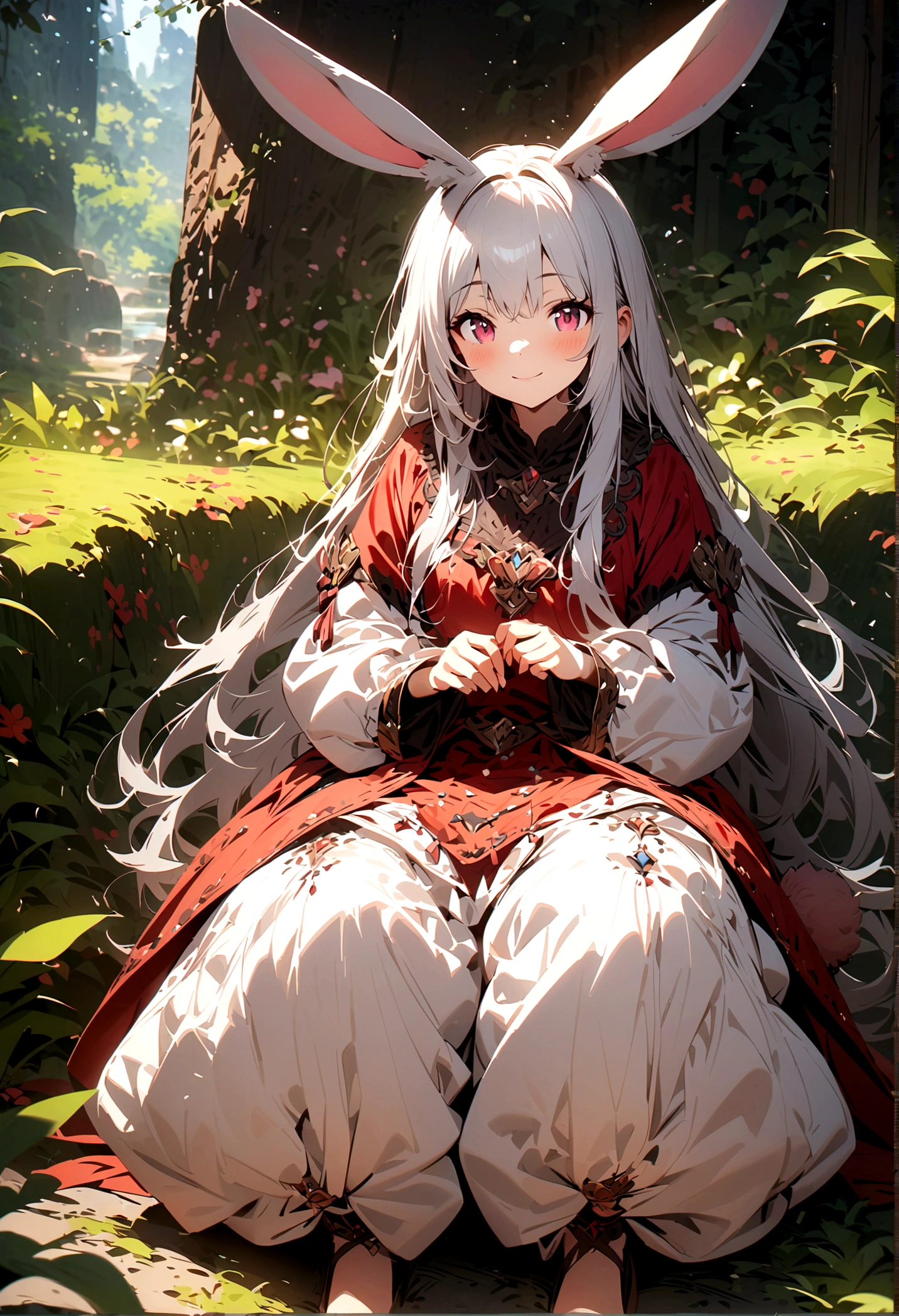(Lovely,hairy,Rabbit ears,Silver Hair,Long hair,Baggy pants,Tail,Smile),Beautiful nature, rest,masterpiece,high resolution,top-quality