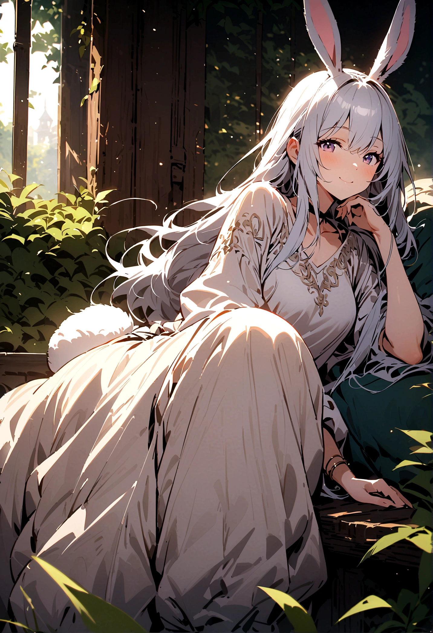 (Lovely,hairy,Rabbit ears,Silver Hair,Long hair,Baggy pants,Tail,Smile)，Beautiful nature, rest，masterpiece,high resolution,top-quality