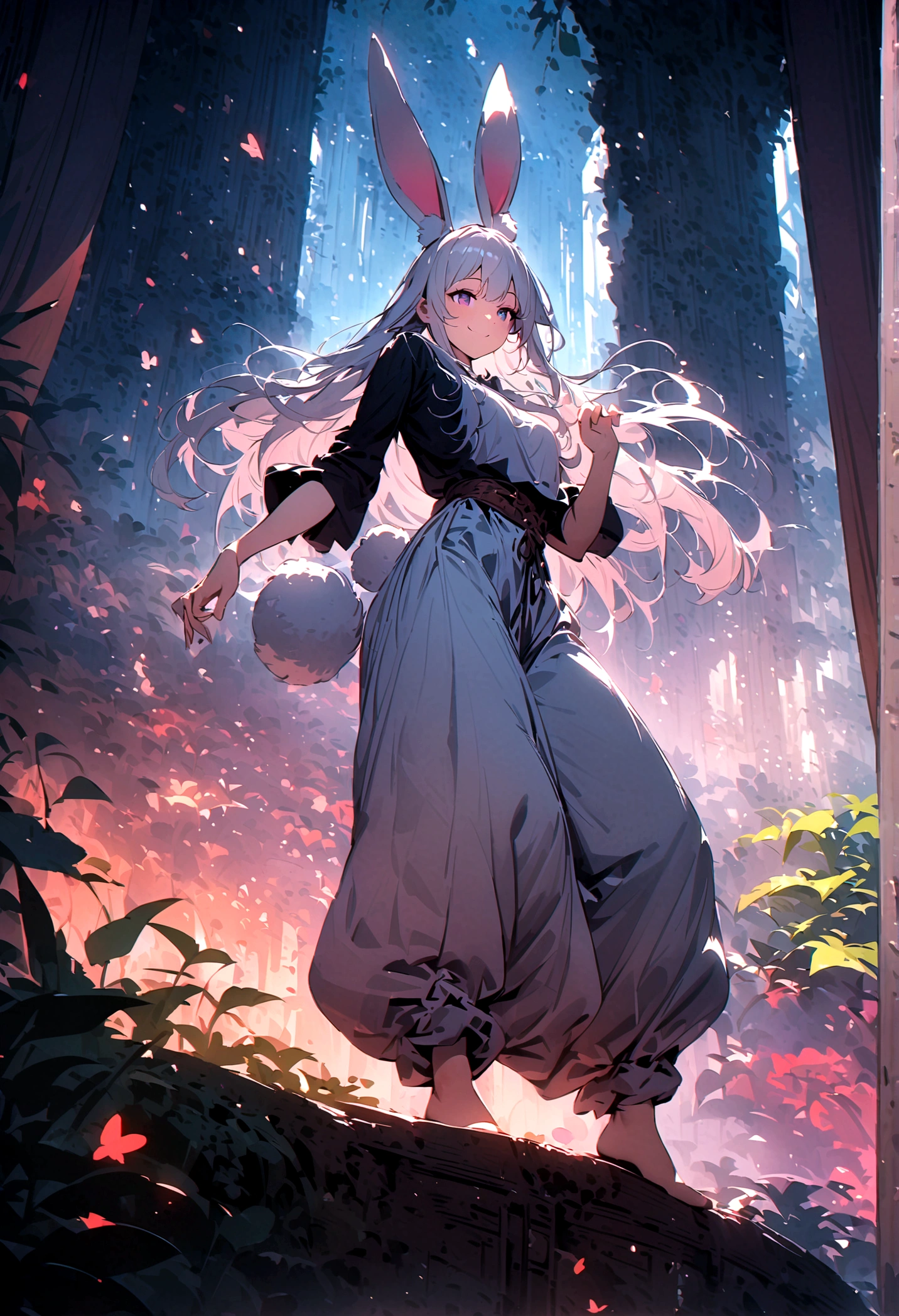 (Lovely,hairy,Rabbit ears,Silver Hair,Long hair,Baggy pants,Tail,Smile),Beautiful nature, rest,masterpiece,high resolution,top-quality
