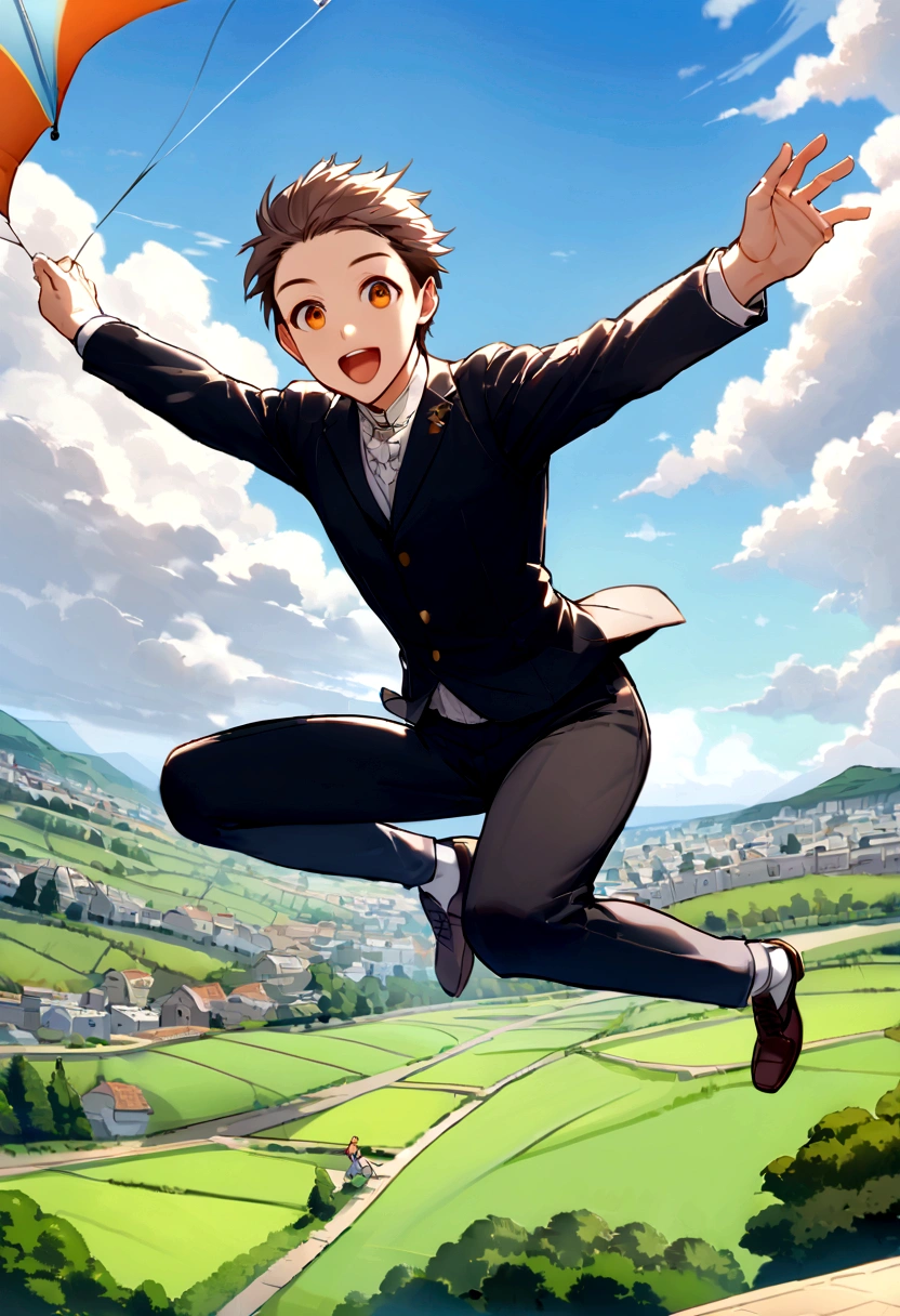 there is a man that is Jumping in the air with a kite, Leap into the air, Jump pose, Jumping towards viewer, horizontally Leap!!!, Jumping for joy, Leap, Aerial浮揚, Rise from the ground, Leap towards viewer, ultra - high Jump, Jumping, Leap with arms up, Aerial, Jump