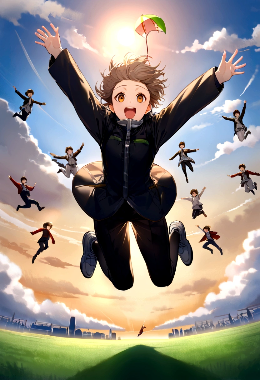 there is a man that is Jumping in the air with a kite, Leap into the air, Jump pose, Jumping towards viewer, horizontally Leap!!!, Jumping for joy, Leap, Aerial浮揚, Rise from the ground, Leap towards viewer, ultra - high Jump, Jumping, Leap with arms up, Aerial, Jump