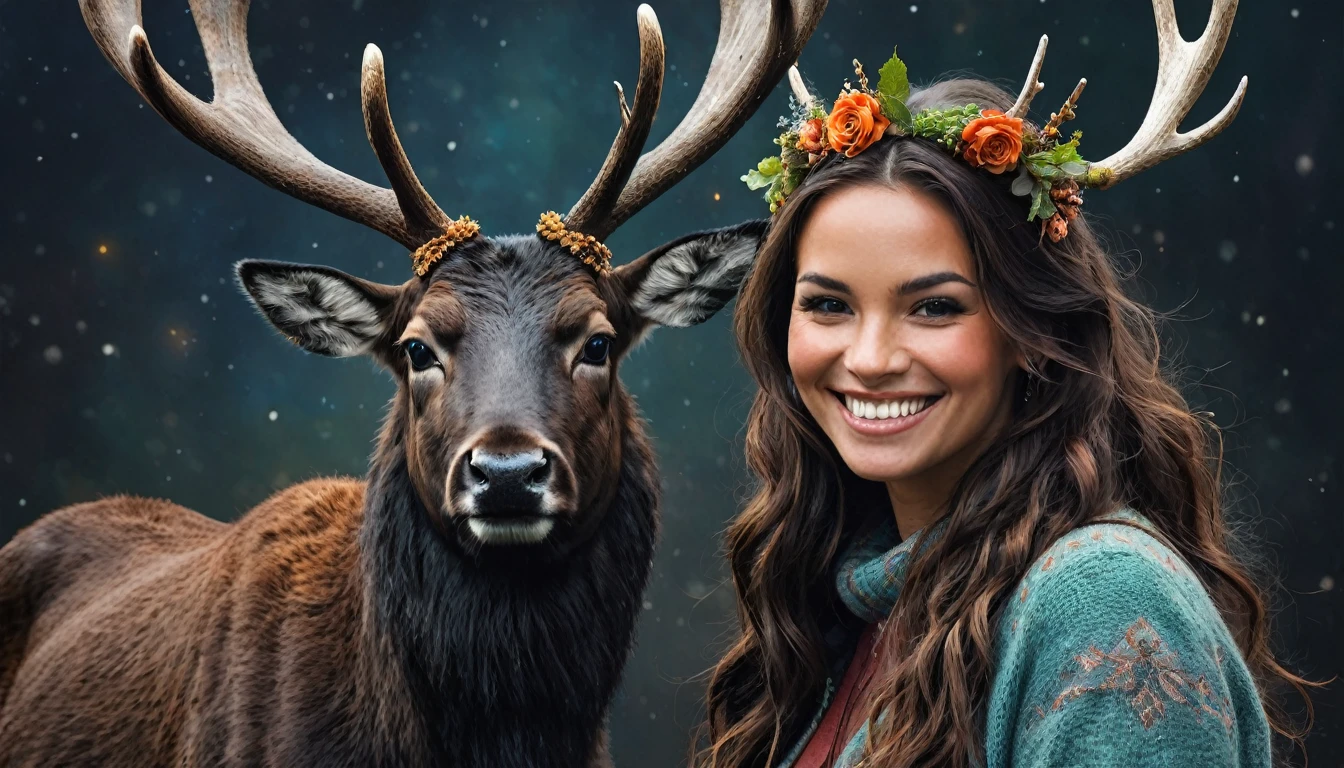 half  body,
a woman smile  with her best friend her Black reindeer,
dark complex background, style by Thomas Kinkade+David A. Hardy+Carne Griffiths+Mandy Disher half vivid colors fine art, best quality, high detailed, detailed faces, 2d,