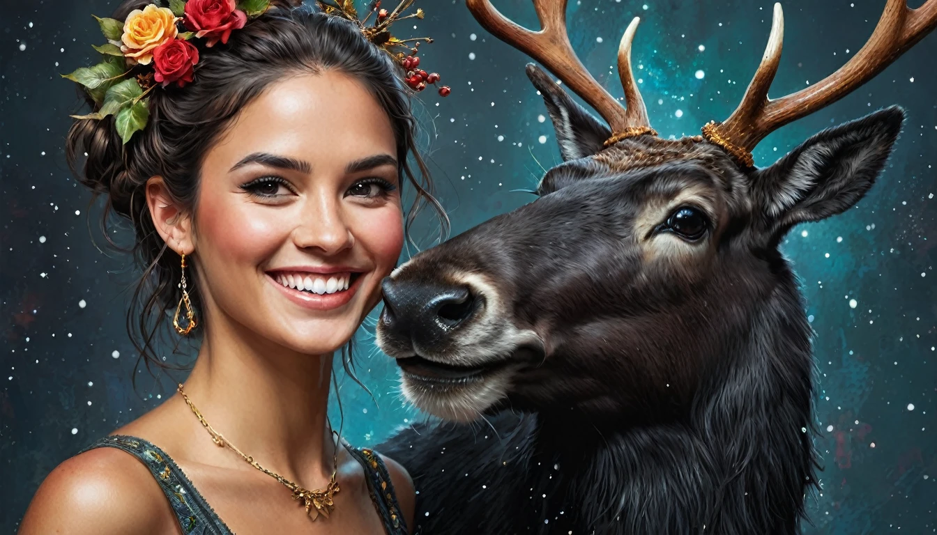 half body,
a woman smile with her best friend her Black reindeer,
dark complex background, style by Thomas Kinkade+David A. Hardy+Carne Griffiths+Mandy Disher half vivid colors fine art, best quality, high detailed, detailed faces, 2d,