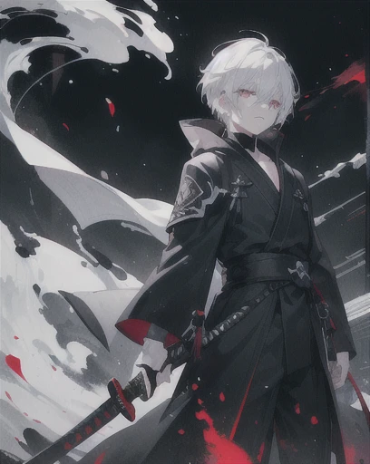 1 boy,(White hair)),eyes black, katana, electricityHair with bangs((black robe)),tissue,Red moon in the sky,natta,floating white flowers falling,trunk,ruins,sombras intensas,grays,fire,Glace,((Ink wgrays painting)),((ink splgraysing)),((color splgraysing)),