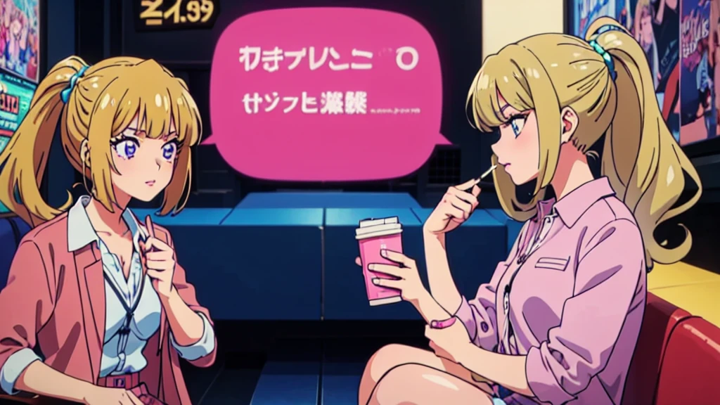 (Blonde Barbie:1.2),(Pink outfit:1.1),(90s Vintage:1.1),(Romance Anime Style:1.3), alone、Arcade、 Pink Cardigan, Black Hair, Lip gloss, cigarette、9０s fashion、