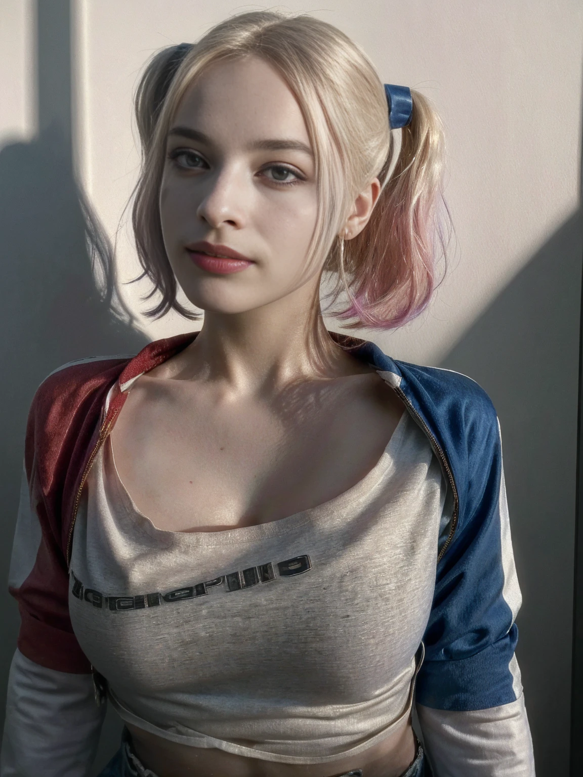 (8K, RAW Photos, Highest quality, masterpiece:1.2), Super detailed, Official Art, Full Body Shot, Photorealistic:1.37, , Nipples are visible through the shirt, DC Harley Quinn, Film Grain, Dynamic pose, She's trying to pull up her shirt, shot concentrateded on her chest. (Perfect Skin, Free from scratches and stains). ((Highest quality, 8K, masterpiece: 1.3)), concentrated: 1.2, Beautiful woman with perfect figure: 1.4, Perfect breasts: 1.2, ((Layered Haircut, Beautiful breasts: 1.2)), (real clothing textures: 1.1 (Smooth posture), clothing: 1.1, Highly detailed face and skin texture, Detailed eyes, double eyelid, Brightens the skin, Real Hair, 「Imagine a character that exudes a mysterious and alluring aura.. Her skin is so realistic、Every texture and color seems to pop out of the image.。, Perfectly reflects light and shadow. Skin needs to have subtle tones, From the warm color of natural blush、Even the cool shadow under the eyes, Capturing the complexity and beauty of human skin. (Professional and realistic photo style).