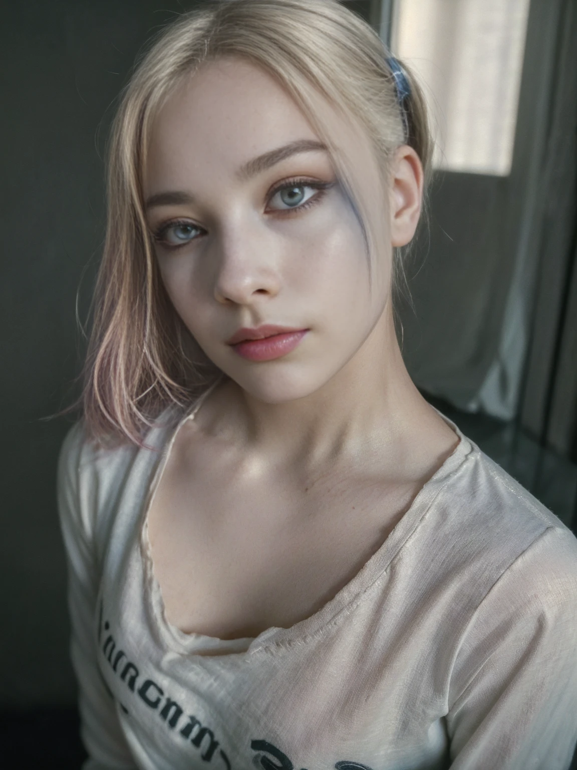 (8K, RAW Photos, Highest quality, masterpiece:1.2), Super detailed, Official Art, Full Body Shot, Photorealistic:1.37, , Nipples are visible through the shirt, DC Harley Quinn, Film Grain, Dynamic pose, She's trying to pull up her shirt, shot concentrateded on her chest. (Perfect Skin, Free from scratches and stains). ((Highest quality, 8K, masterpiece: 1.3)), concentrated: 1.2, Beautiful woman with perfect figure: 1.4, Perfect breasts: 1.2, ((Layered Haircut, Beautiful breasts: 1.2)), (real clothing textures: 1.1 (Smooth posture), clothing: 1.1, Highly detailed face and skin texture, Detailed eyes, double eyelid, Brightens the skin, Real Hair, 「Imagine a character that exudes a mysterious and alluring aura.. Her skin is so realistic、Every texture and color seems to pop out of the image.。, Perfectly reflects light and shadow. Skin needs to have subtle tones, From the warm color of natural blush、Even the cool shadow under the eyes, Capturing the complexity and beauty of human skin. (Professional and realistic photo style).