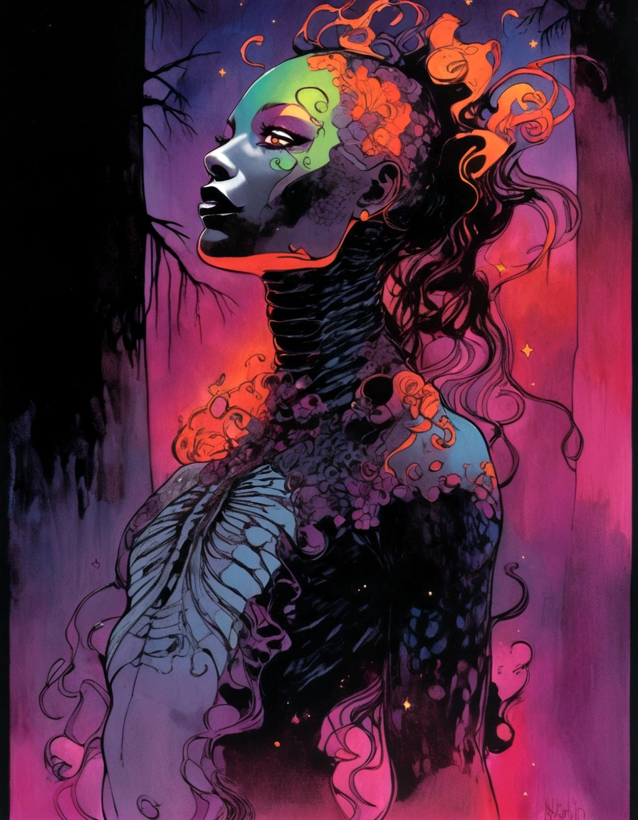 Medusa, splash page decompressed comic cover art, ink style figure,((expressive Joelle Jones and "Sean Gordon Murphy" comic drawing)), wordless, cinematic poster, double exposure, optical illusion, image within image, abyss void black no visibility darkness, full length portrait, (background, pine barrens, entropy, rewilding, magic hour sunset, galaxy stars, cosmos), (horror, abstract, surreal, body, cosmic), candid, snake skin dress, morphology anatomy drawn Frederic Delavier musculature anatomical illustration, (face, ornate black metal corpse paint, resembles Grace Jones), (body, Naga, snakefolk, lower body snake tail, snake woman hybrid, bald, hairless, skeleton, snake skin tattoos, piercing eyes, snake pupils, over the shoulder), (colors, bleak muted deep fiery radiant glowing ROYGBIV, forest green, earth brown), craftsmanship nuance, (Gerardo Zaffino charcoal), subliminal orchids, nyctophobia, silhouette