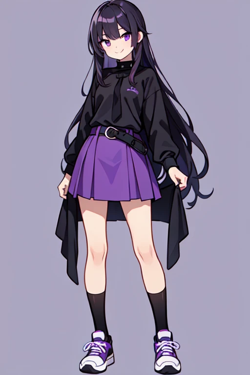 1girl, black long hair,purple eyes,wear a black shirt with collars,long sleeve, deep purple skirt, belt, tie,standing,purple background,long black socks, sneakers, smile