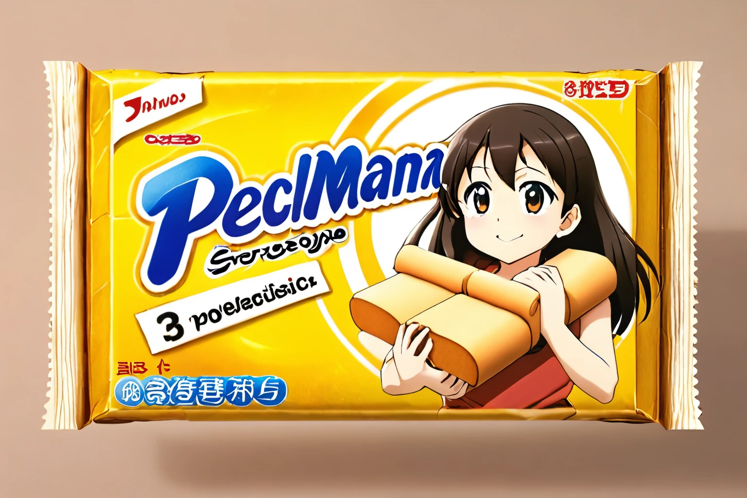 a photo realistic wafer of the actual package of a roll of 
ビックリマンチョコ
, Japanese anime character Packages Style
