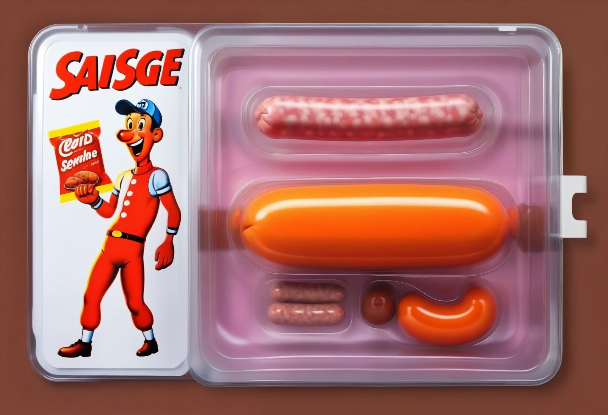 An Real sausage with 1 iron bar figure in a plastic box, ((Photoreal)), resembling a photograph. The figure is lewd shape, The packaging displays Big candy's dynamic in-life moments and his signature interpretation, lewd shape