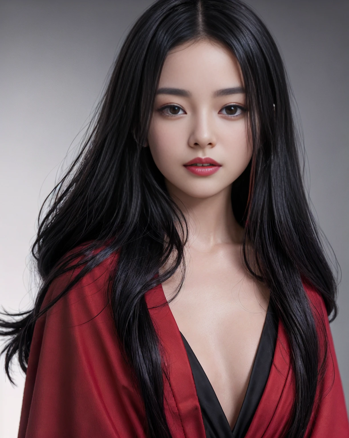 Young woman wearing a red coat, akatsuke black robe, Soft neckline small bust, Open the robe a little, Blanket falling on shoulders, She has loose hair, Black mouth紅, Black mouth, Black red cape with red accents and red symbol, Small breasts wearing a black robe with red accents, anime「Naruto」Akatsuki's costume that appears in, She is standing in front wearing a black and red coat., Red cape open, Slightly open cloak, Black cloak with red symbol, blurred Dark Background, Dark Background, dark city at night, night, dark night, Rainy dark street, Zeck Snader style movie effects . (Perfect Skin, Free from scratches and stains). ((Highest quality, 8K, masterpiece: 1.3)), concentrated: 1.2, Beautiful woman with perfect figure: 1.4, Perfect breasts: 1.2, ((Layered Haircut, Beautiful breasts: 1.2)), (real clothing textures: 1.1), (Smooth posture), clothing: 1.1, Highly detailed face and skin texture, Detailed eyes, double eyelid, Brightens the skin, Real Hair, 「Imagine a character that exudes a mysterious and alluring aura.. Her skin is so realistic、Every texture and color seems to pop out of the image.。, Perfectly reflects light and shadow. Skin needs to have subtle tones, From the warm color of natural blush、Even the cool shadow under the eyes, Capturing the complexity and beauty of human skin. (Professional and realistic photo style).