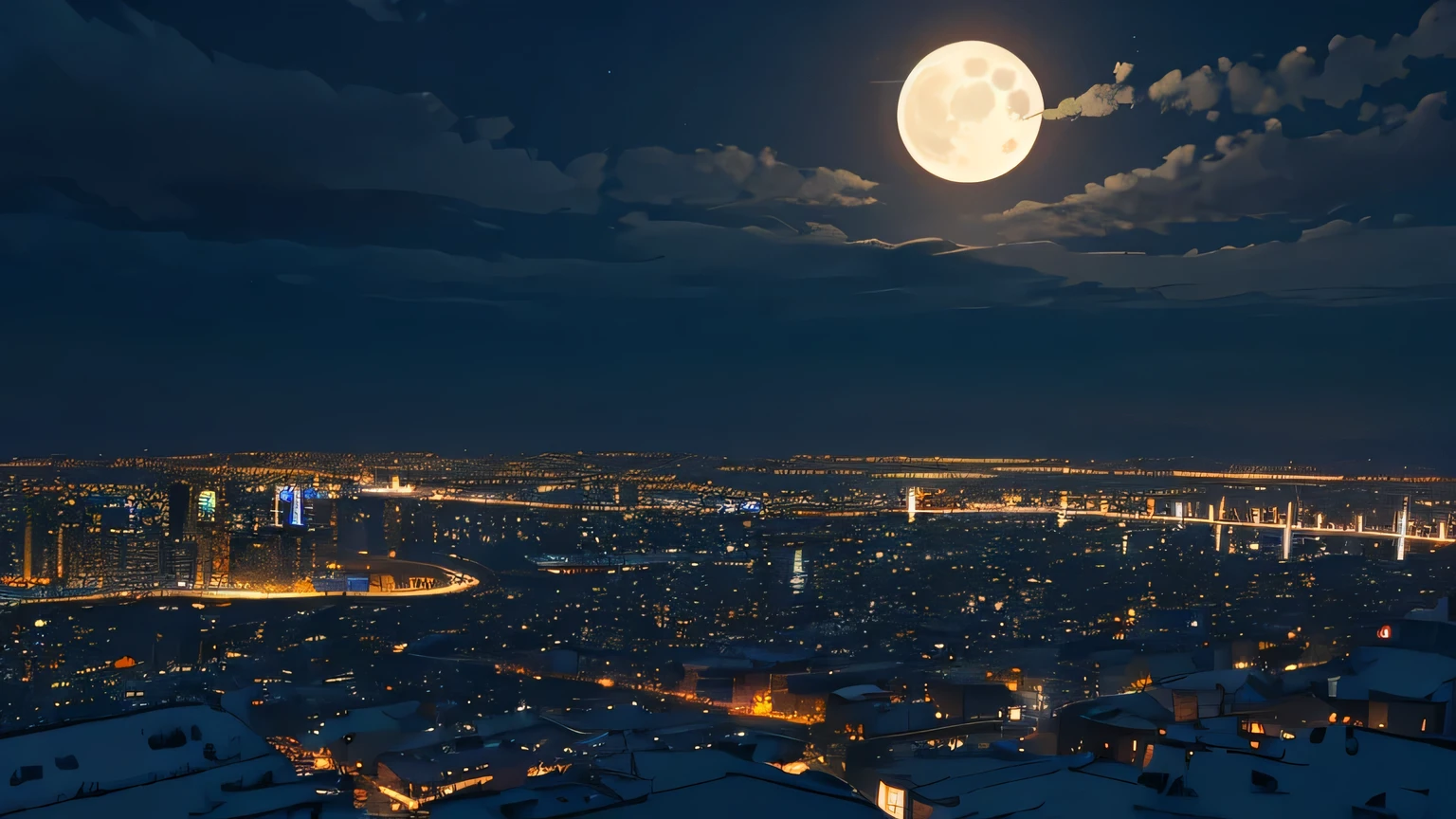 Night cityscape Gentle lighting full moon