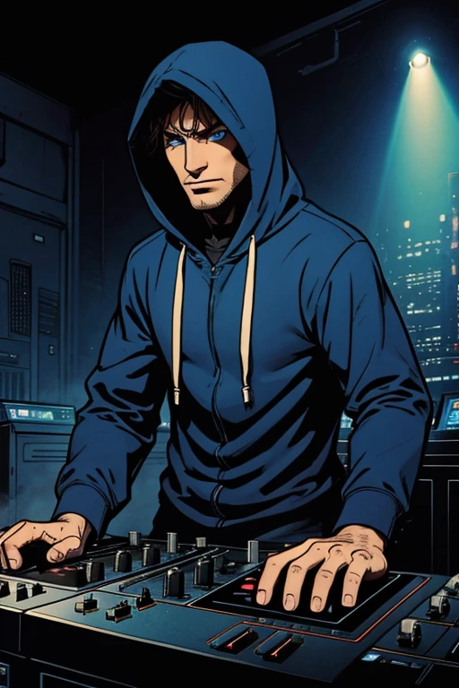 A front man, high qualiy, realisitic, ultra realisitic, wearing a long-sleeved blue shirt with black details, hooded, shining blue eyes, with effects, dj