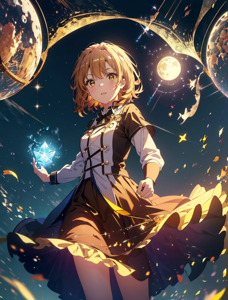 Irohaisshiki, isshiki iroha, Short Hair, Brown Hair, (Brown eyes:1.5), smile,((Night Sky)),((Big full moon)),((Sparkling and colorful stars)),Fluffy hair,((Idol style costume with soft volume)),Long skirt,Pointed shoes,Possessing a crystal-studded magic wand grip in his right hand,((witch)),(magic wand with a jewel on the tip),Rubik's Square,So that the whole body goes into the illustration,
break outdoors, forest,forest
break looking at viewer,
break (masterpiece:1.2), Highest quality, High resolution, unity 8k wallpaper, (shape:0.8), (Narrow and beautiful eyes:1.6), Highly detailed face, Perfect lighting, Highly detailed CG, (Perfect hands, Perfect Anatomy),