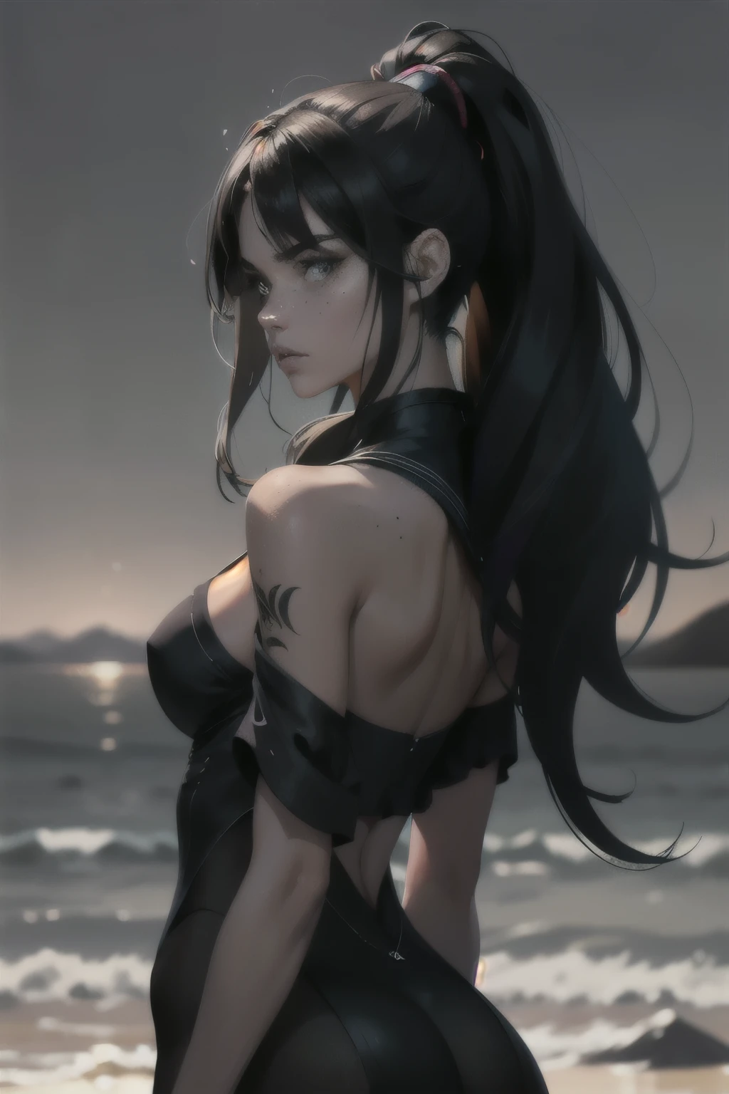 calming hues, subdued colors, hight contrast, (Hyper-Realism, smooth light, Spitz),
1 girl, adult german woman, freckles, eyes black, Bblack hair, shade,
Style-GravityMagic, character focus, portraite, (battle scars:0.7), gazing at viewer, standing alone, half shot, detailed back ground, Ninja Theme:1.1), cursed sailor, dark expression, camp, peaceful, rise sun, dark fantasy atmosphere,
