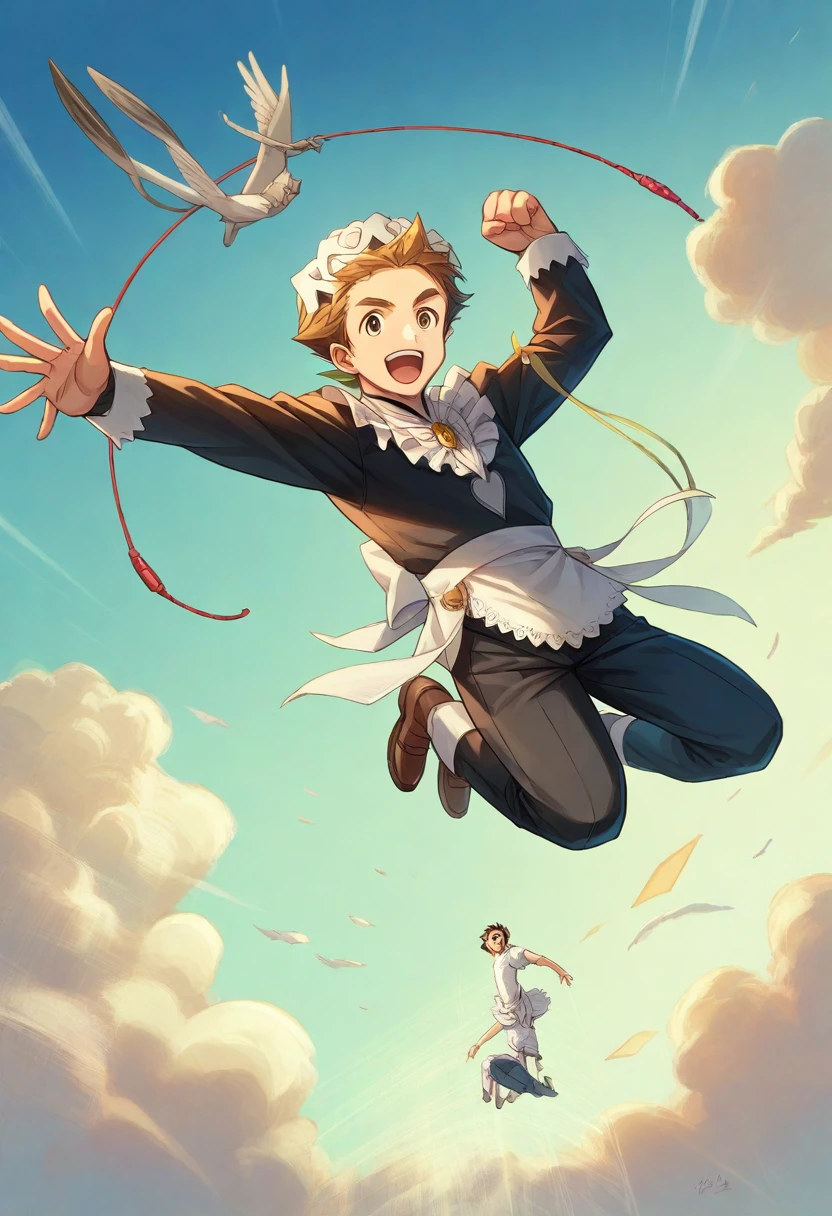 MaidがJumpする、Maid、beautiful girl、there is a man that is Jumping in the air with a kite, Leap into the air, Jump pose, Jumping towards viewer, horizontally Leap!!!, Jumping for joy, Leap, Aerial浮揚, Rise from the ground, Leap towards viewer, ultra - high Jump, Jumping, Leap with arms up, Aerial, Jump