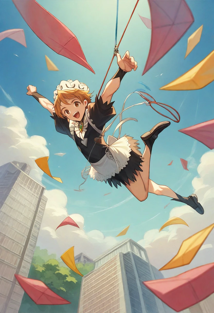 MaidがJumpする、Maid、beautiful girl、there is a man that is Jumping in the air with a kite, Leap into the air, Jump pose, Jumping towards viewer, horizontally Leap!!!, Jumping for joy, Leap, Aerial浮揚, Rise from the ground, Leap towards viewer, ultra - high Jump, Jumping, Leap with arms up, Aerial, Jump