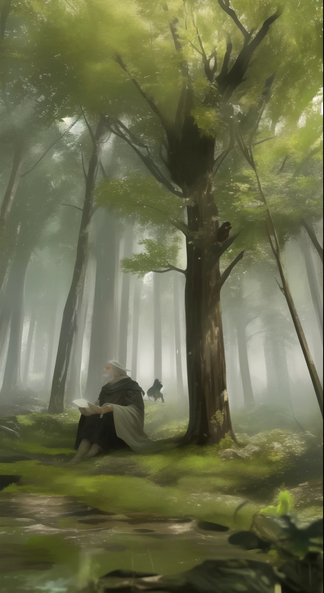 druid man, sitting on a seashore in a forest , watching the sky with stars at night, animals around him, half of a beautiful life and the other half a chaotic world