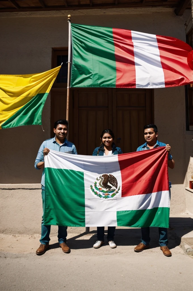 Create a Mexican flag with people around it 
