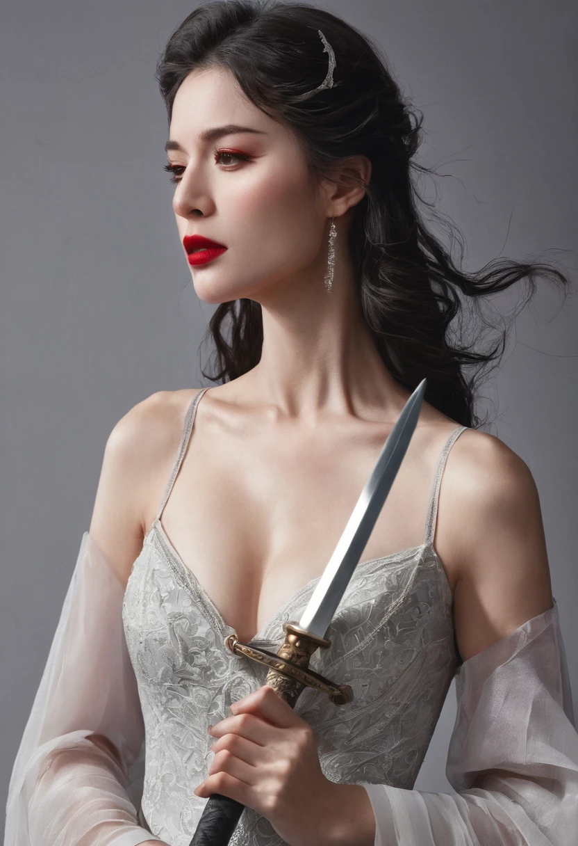 Girl with sword,Simple lines,Light underwear,(transparent),The chest is faintly visible,Cleavage,Minimalism,Holding a red long sword,