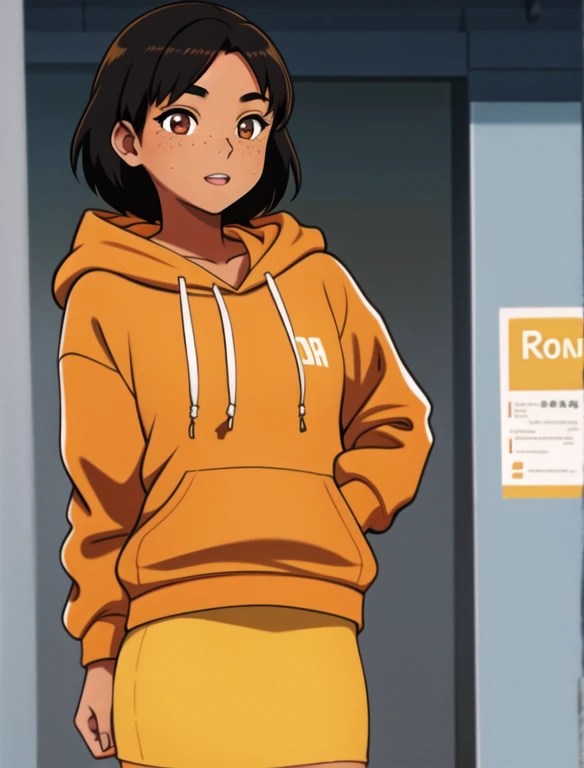 1girl, solo, 20 year old college student, she has tan-bronze skin with some freckles, short black hair with orange highlights, amber colored eyes, she's wearing a yellow hoodie and black pencil skirt, college background