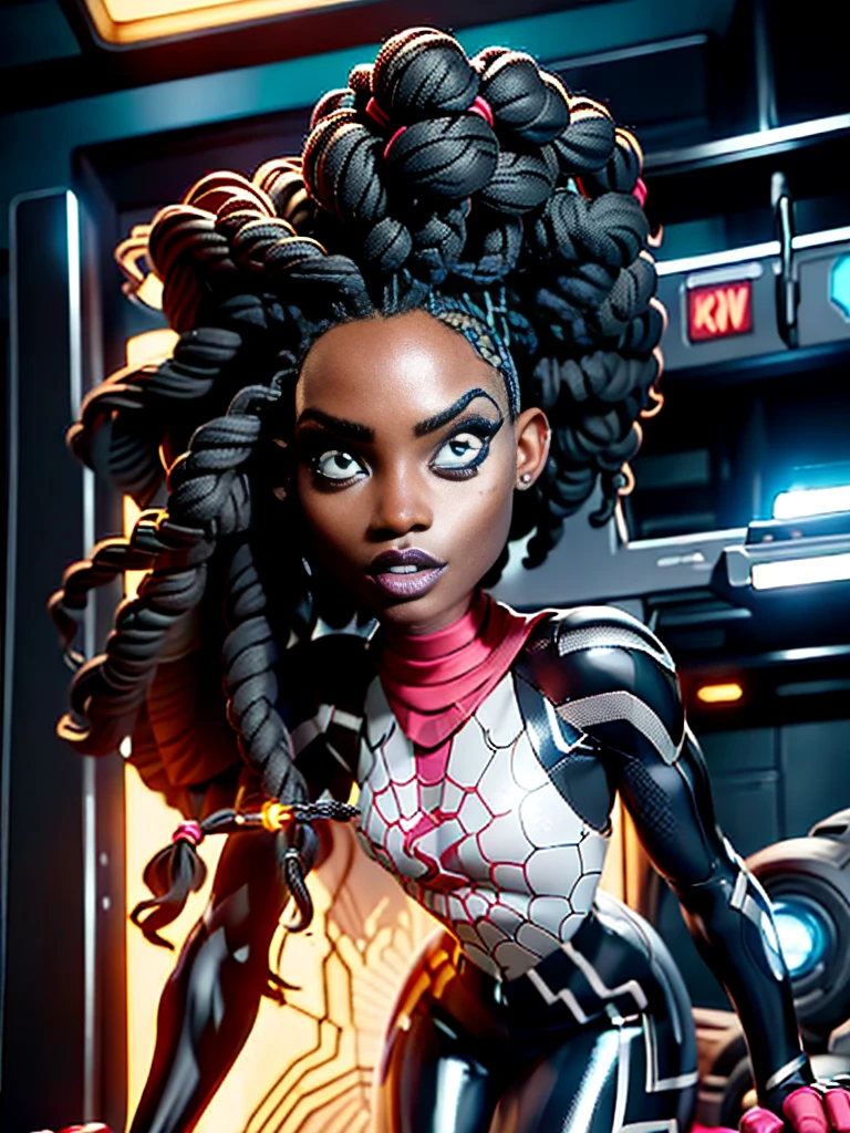 A striking black woman in an imposing futuristic post-apocalyptic cyberpunk environment full of technological details. The woman has rich, deep skin, with ebony tones that glow under the scene's neon lighting. Her hair is a bold combination of dreadlocks and braids, decorated with metallic threads and small LEDs that blink softly, reflecting the colorful lights in the room. His face is sculpted with strong, elegant features, highlighting piercing eyes that glow with a cybernetic blue intensity. She wears metallic makeup, with silver shadows and lips painted an intense purple, adding a touch of mystery and power. His athletic body is encased in a futuristic combat suit made from synthetic and metallic materials. The look is a combination of black, silver and neon blue, with details that suggest high technology, such as embedded circuits and light panels. Plates of armor protect his shoulders, arms, and legs, while cables and wires connect to devices on his body, indicating a perfect fusion between human and machine. giving it a lively and dynamic appearance, Hyper Realistic, Cinematic.