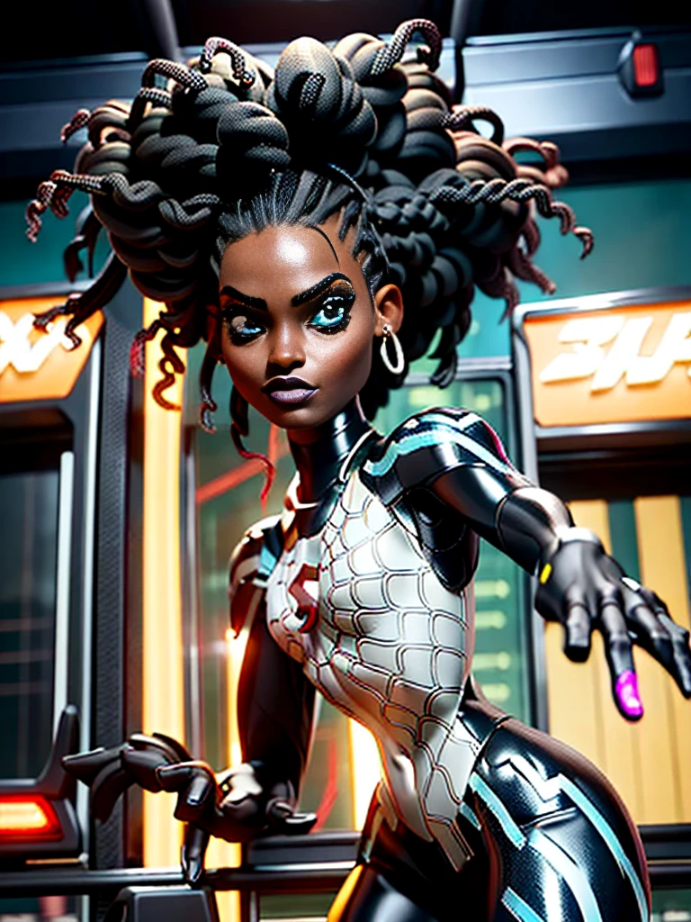 A striking black woman in an imposing futuristic post-apocalyptic cyberpunk environment full of technological details. The woman has rich, deep skin, with ebony tones that glow under the scene's neon lighting. Her hair is a bold combination of dreadlocks and braids, decorated with metallic threads and small LEDs that blink softly, reflecting the colorful lights in the room. His face is sculpted with strong, elegant features, highlighting piercing eyes that glow with a cybernetic blue intensity. She wears metallic makeup, with silver shadows and lips painted an intense purple, adding a touch of mystery and power. His athletic body is encased in a futuristic combat suit made from synthetic and metallic materials. The look is a combination of black, silver and neon blue, with details that suggest high technology, such as embedded circuits and light panels. Plates of armor protect his shoulders, arms, and legs, while cables and wires connect to devices on his body, indicating a perfect fusion between human and machine. giving it a lively and dynamic appearance, Hyper Realistic, Cinematic.