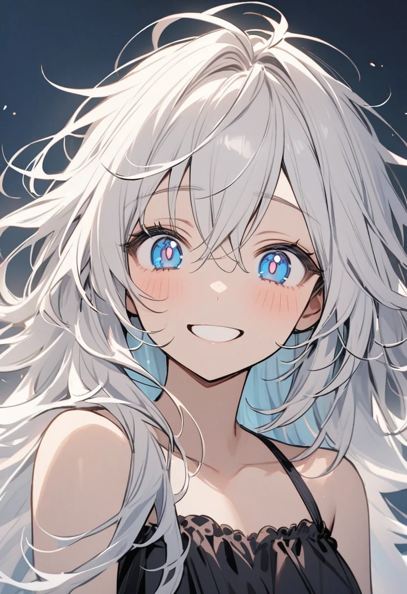 black dress with blue details, blue eyes with white pupils, happy expression , Messy hair , Long Messy Length Hair, 1womanl, White hair , light skin color 