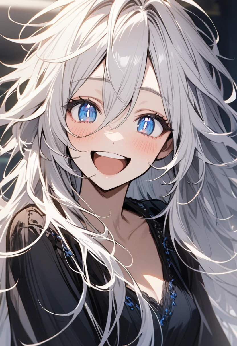 black dress with blue details, blue eyes with white pupils, happy expression , Messy hair , Long Messy Length Hair, 1womanl, White hair , light skin color