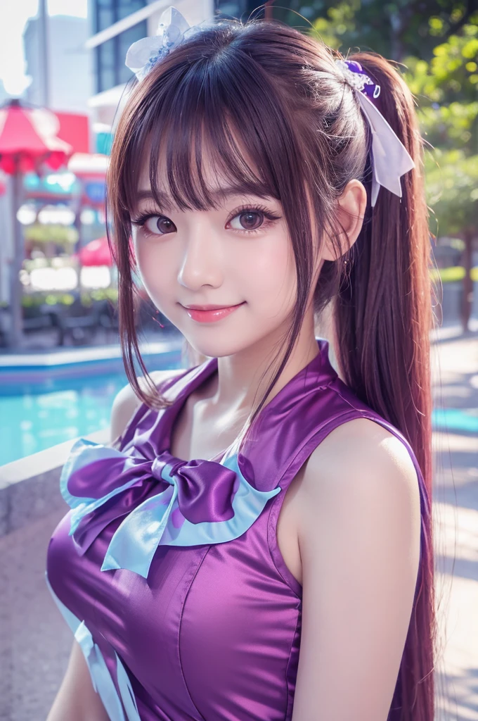 1girl in, Large Breasts, hair bobbles, a 18 year old girl, Beautiful and Delicate Face, Stereograms, Exact ratio, Japan Person Model, fair white skin, Long legged, Best Quality, 8K, Super Detail, Authentic Skin, Skin Details, Beautiful eyes, Slimed, Atmospheric perspective, Big Breasts, MASTERPIECE, Full of embarrassment, anaglyph, solid circle eyes, ear blush, surrealism, drop shadow, Perfect Hands, Perfect Legs, Slimed, in hotel, Japanese Girl, smiling eyes, purple dress, Beautiful Hair