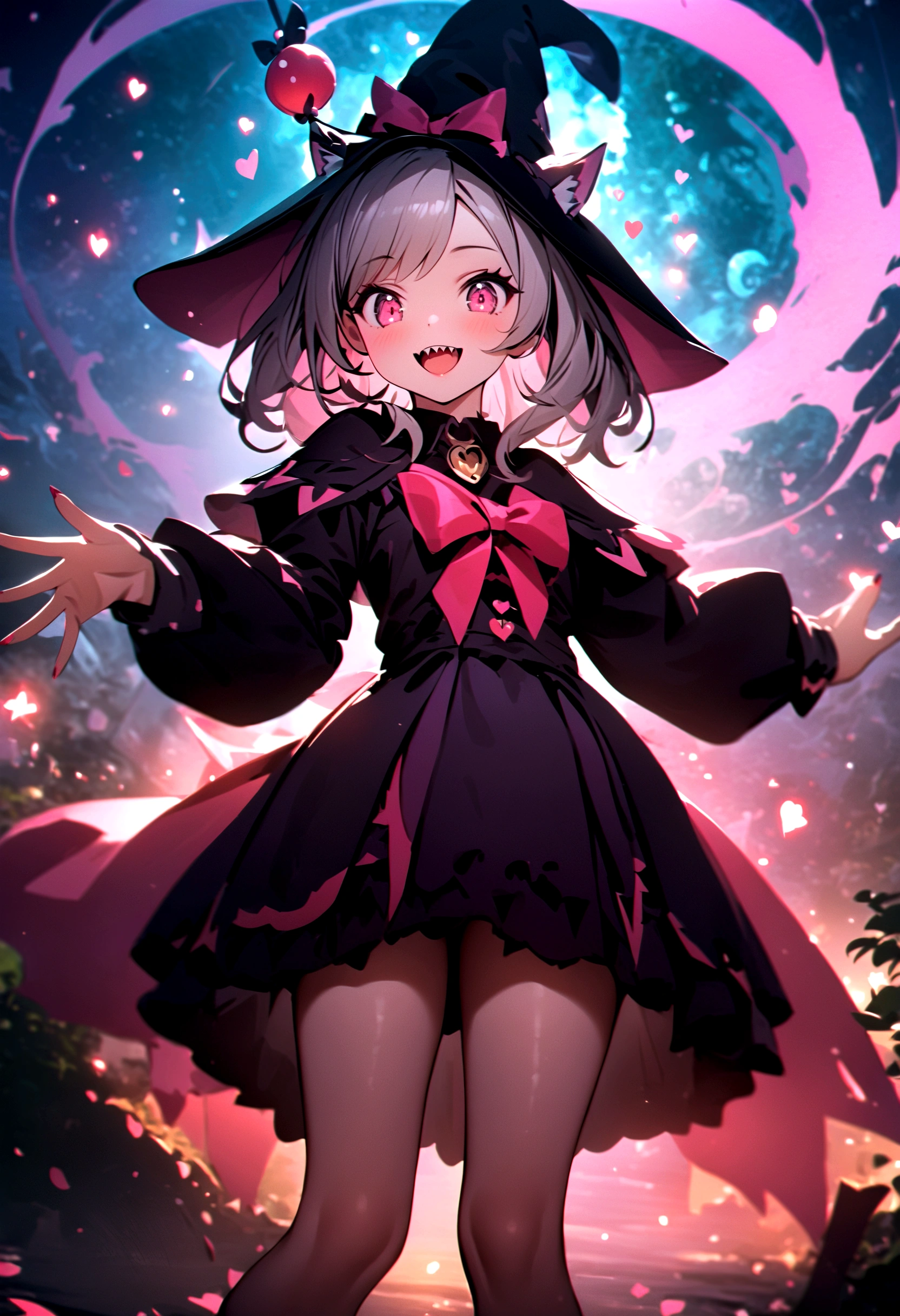 woman,((Lovely),beautiful eyes,make up,(Smile),open mouth,Sharp Teeth,(Double tail),pink,night,masterpiece,high resolution,Surrealism,提high resolution,original photo,Best quality,Looking down at the audience,Little Witch