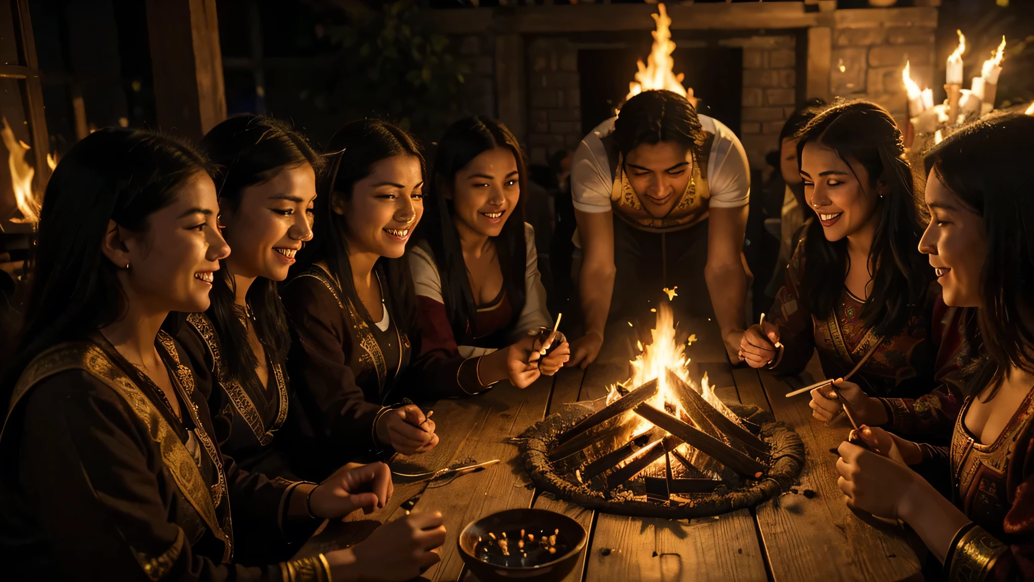 best quality,4K,8k,high resolution,masterpiece:1.2,Super detailed,Practical,photoPractical:1.37,bonfire:1.37,Night fever, hapiness, and passionate atmosphere People dancing and singing around the bonfire Vivid colors and warm tones depicting the lively scene Beautifully detailed faces with happy expressions Traditional clothing representing different ethnic groups Cultural diversity and unity portrayed by the gathering Shadow and light effects created by the flickering flames Realistic rendering of the bonfire's warmth and illumination Crisp details capturing the intricate patterns on clothing Dynamic poses reflecting the energy and excitement of the event PhotoPractical depiction of the surrounding nature (Trees, Star, moon) Sparks fluttered in the air, Professional artwork that adds movement and energy to the scene,A touch of traditional finesse A sharp contrast between bright faces and dark surroundings The bokeh effect enhances the atmosphere of comfort and intimacy Attention to the smallest details, Capturing the essence of a moment Celebrating the importance of cultural heritage and community Ancient traditions and rituals passed down from generation to generation Artistic expressions of cultural diversity and inclusion