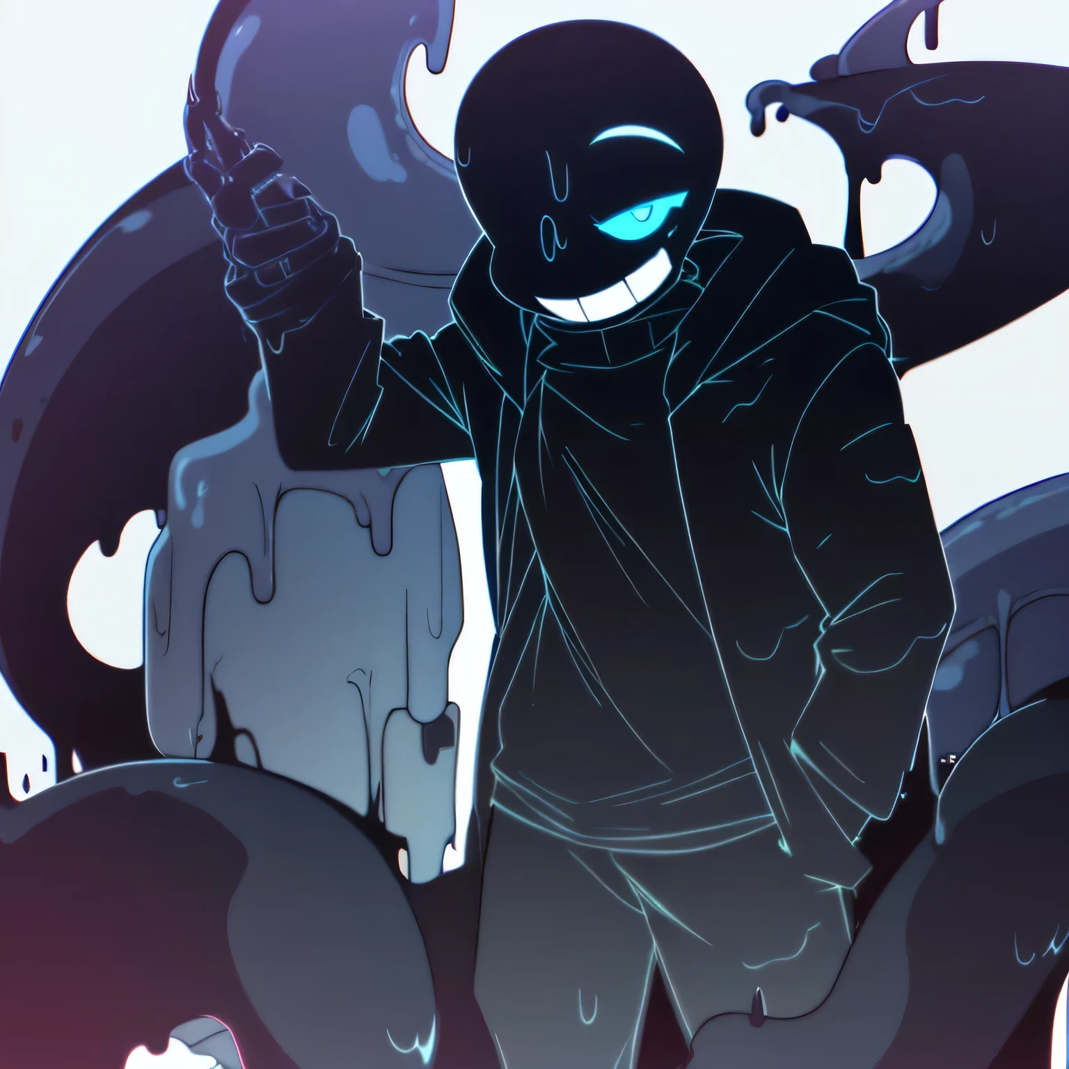 black skeleton, goopy skeleton, nightmare!sans, cyan eye, smiling, hands in pockets, black goopy jacket, black goopy shirt, black goopy shorts, tentacles, goopy covered eye, cyan outline