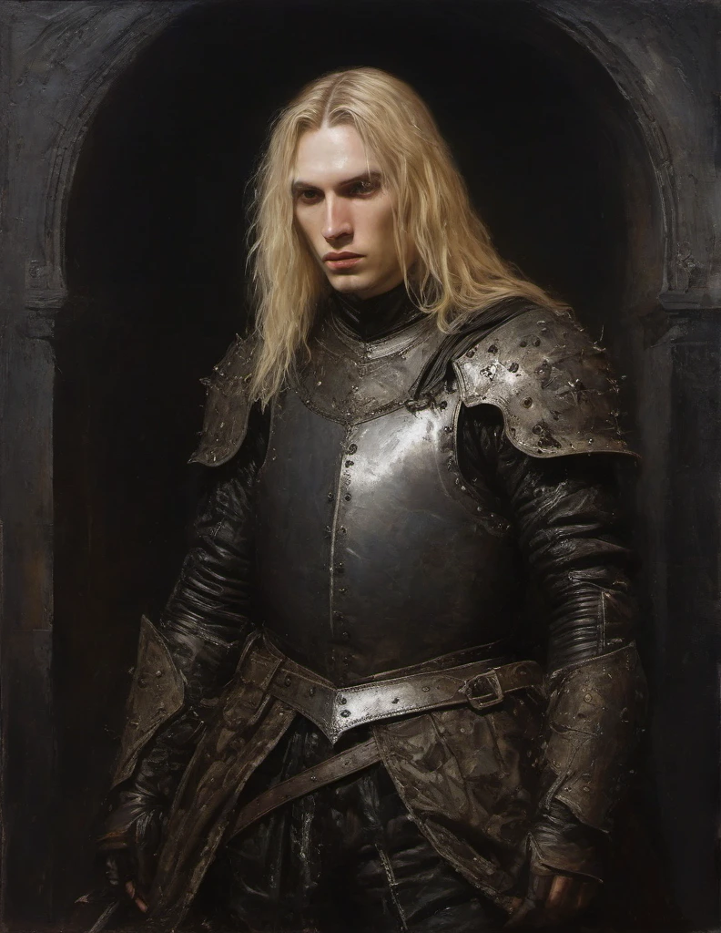 James Gurney, Surrealist art , dream-like, Mysterious, Provocative, symbolic, Complex, detailed,, (Gothic but very beautiful:1.4), (masterpiece, highest quality:1.4) , Nicola Samori Style, man with half-long blond hair, leather armor