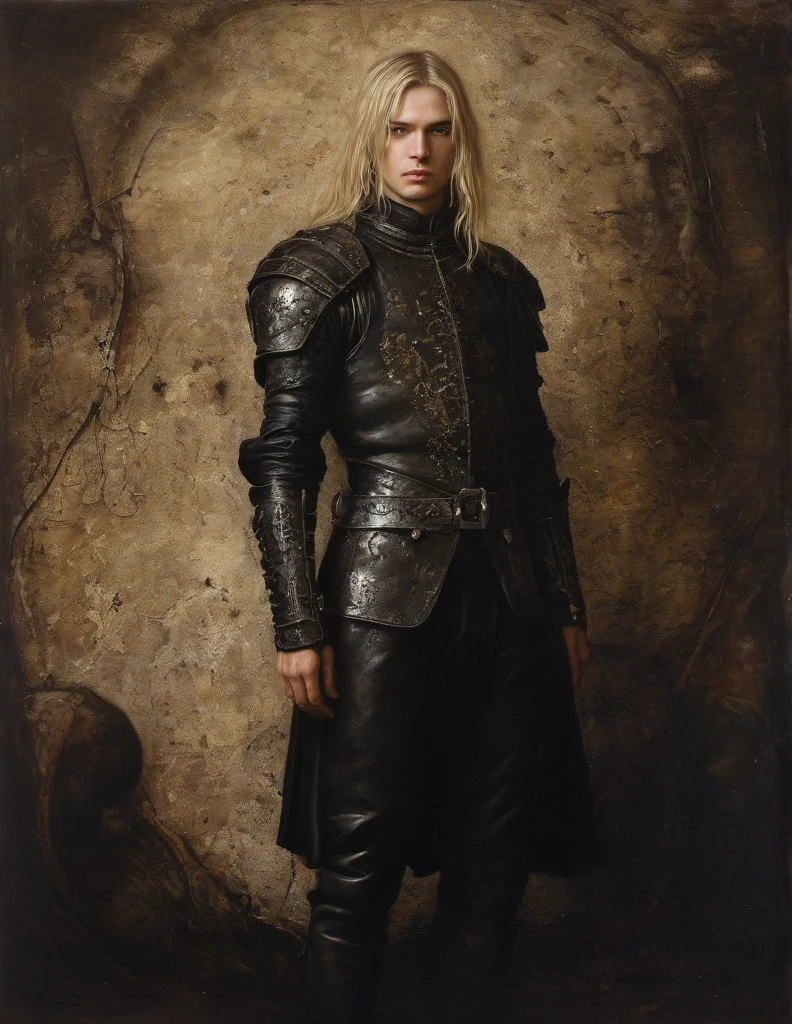 James Gurney, Surrealist art , dream-like, Mysterious, Provocative, symbolic, Complex, detailed,, (Gothic but very beautiful:1.4), (masterpiece, highest quality:1.4) , Nicola Samori Style, man with half-long blond hair, leather armor
