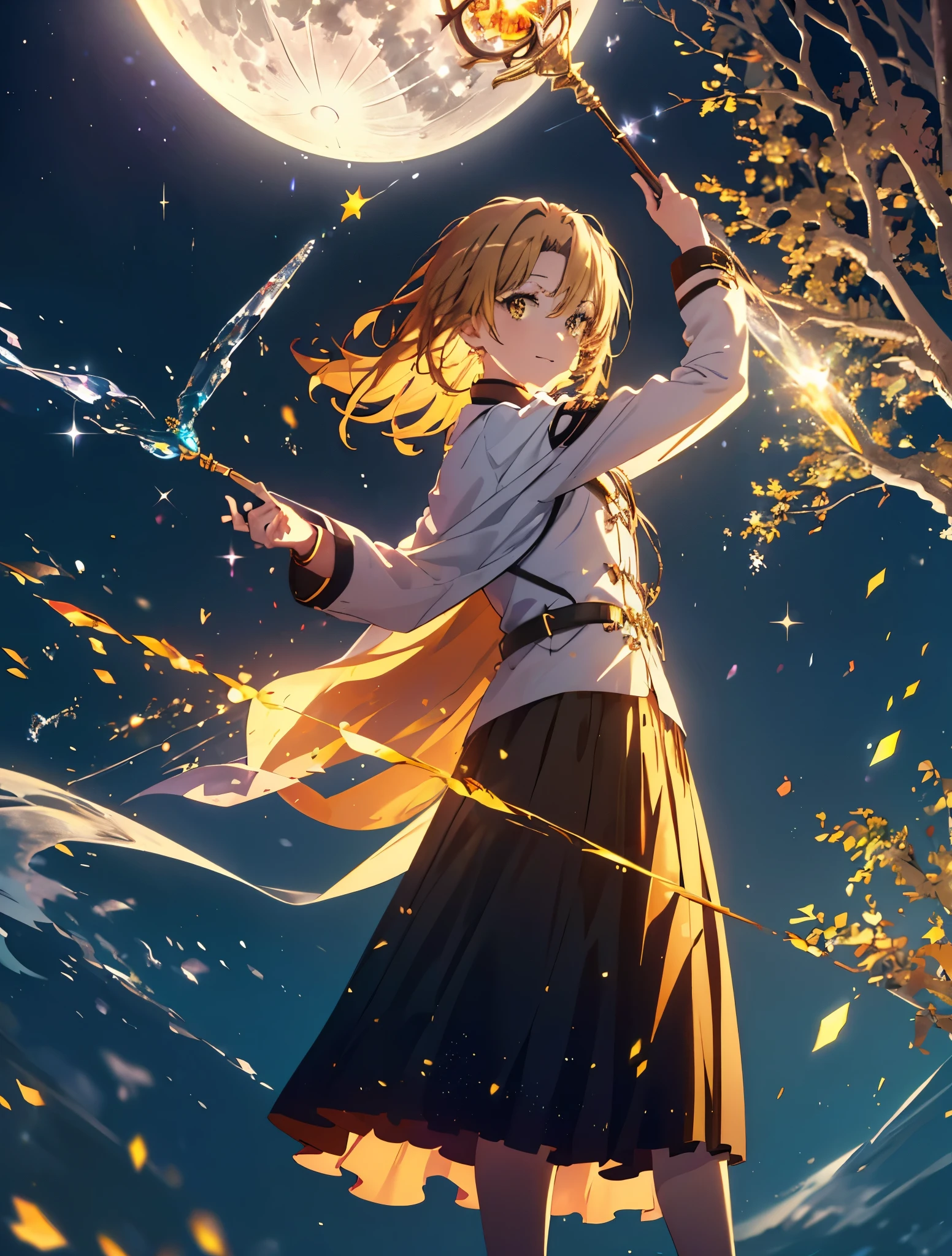 Irohaisshiki, isshiki iroha, Short Hair, Brown Hair, (Brown eyes:1.5), smile,((Night Sky)),((Big full moon)),((Sparkling and colorful stars)),Fluffy hair,((Idol style costume with soft volume)),Long skirt,Pointed shoes,Possessing a crystal-studded magic wand grip in his right hand,((witch)),(magic wand with a jewel on the tip),Rubik's Square,So that the whole body goes into the illustration,
break outdoors, forest,forest
break looking at viewer,
break (masterpiece:1.2), Highest quality, High resolution, unity 8k wallpaper, (shape:0.8), (Narrow and beautiful eyes:1.6), Highly detailed face, Perfect lighting, Highly detailed CG, (Perfect hands, Perfect Anatomy),