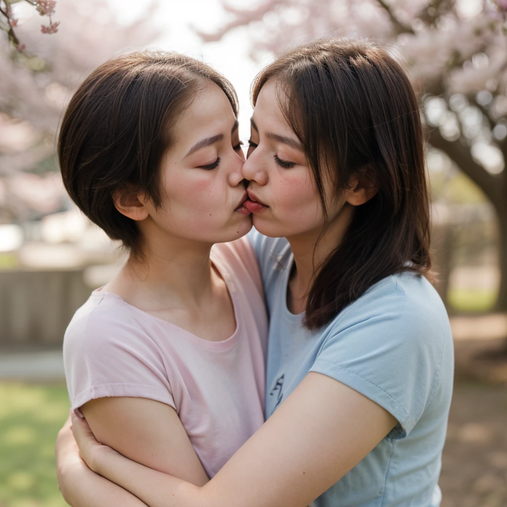 1girl, 1boy, sensitive innocent hugs, kiss_on_forehead, , fuji, hanami, hdr, bokeh, 200mm lens, pastel