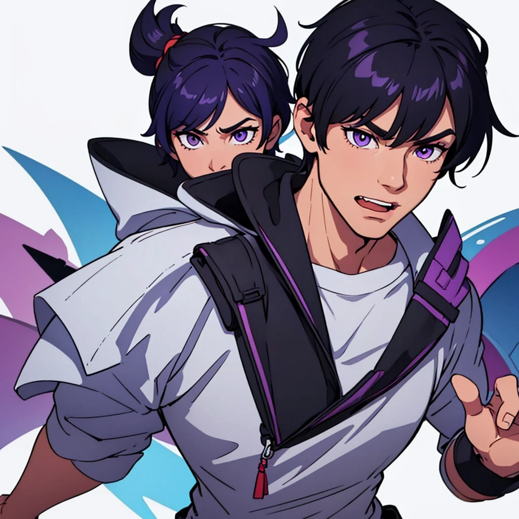full face visible, looking towards camera, looking forward, short black hair, highres, high resolution, masterpiece, wide purple eyes, talking, neutral face, confident, masterpiece, best quality, highres, 1 man, 1 person, 1 entity, Baro Shoei blue lock, extremely short hair, black hair, short hair, ager, colorful hair, light background, full body, teen, colorful parts, symbols, dark , bold, realistic mixing dark lines and loose lines, bold lines, on paper, human man, full body, imposing pose, stylish outfit, dark theme, handsome, attractive, boastful, standing, male, sharp chin, wide jaw, square face, white background, highres, high resolution, masterpiece, laughing, laughing a lot, huge laughing
