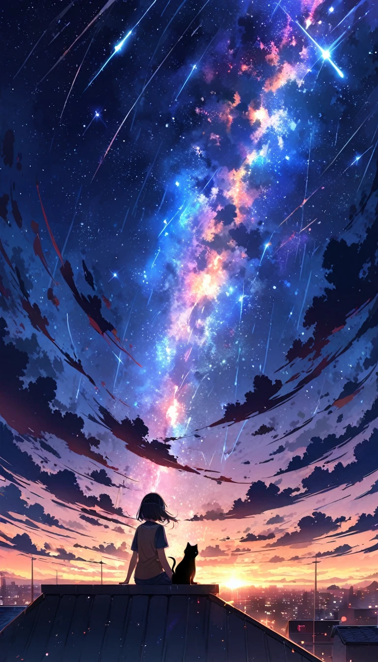 Anime inspired by Makoto Shinkai, Space art, (sideways (Black Cat) Sit on the roof上仰望天空), mystery, excellent, Meteor Showers, Complex lighting, flashing city lights, (((unmanned))),girl,Back,Sit on the roof